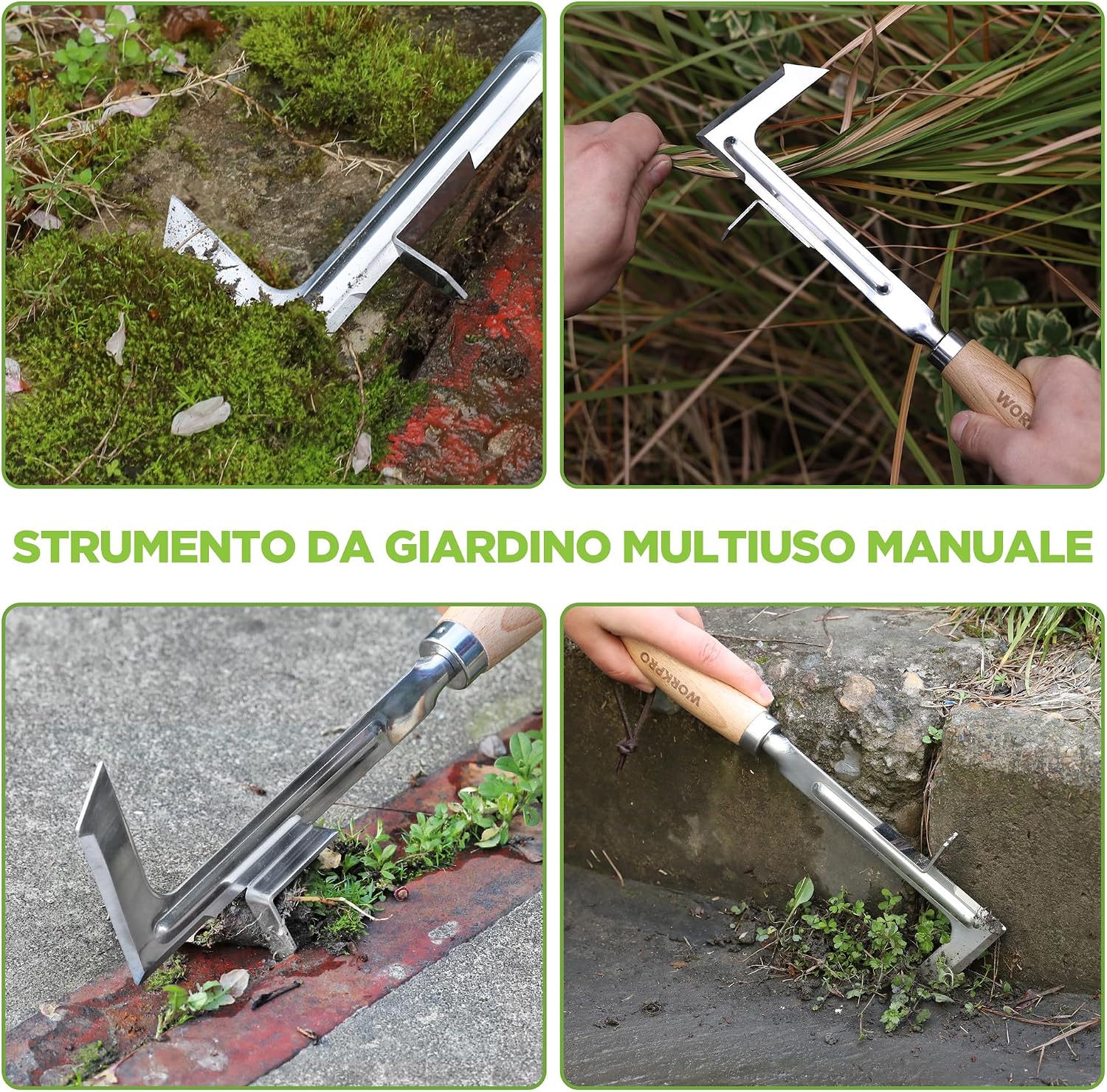 Detalle 2 de WORKPRO 12” Estirpatore Erbacce Manuale in INOX con manico in legno e spatola a L per fughe, vialetti e muschio