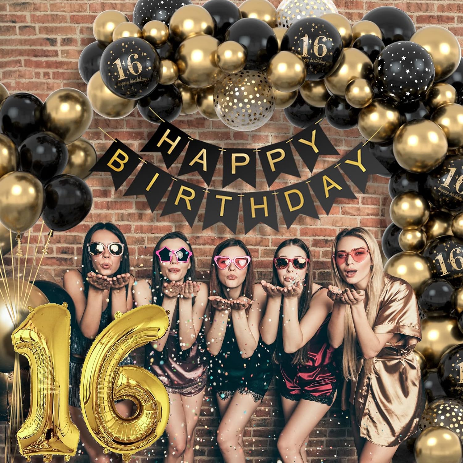 Detalle de 16 Geburtstag Deko-Set Schwarz-Gold für Jungen und Mädchen – Ballonbogen, Girlande & Konfetti-Ballon