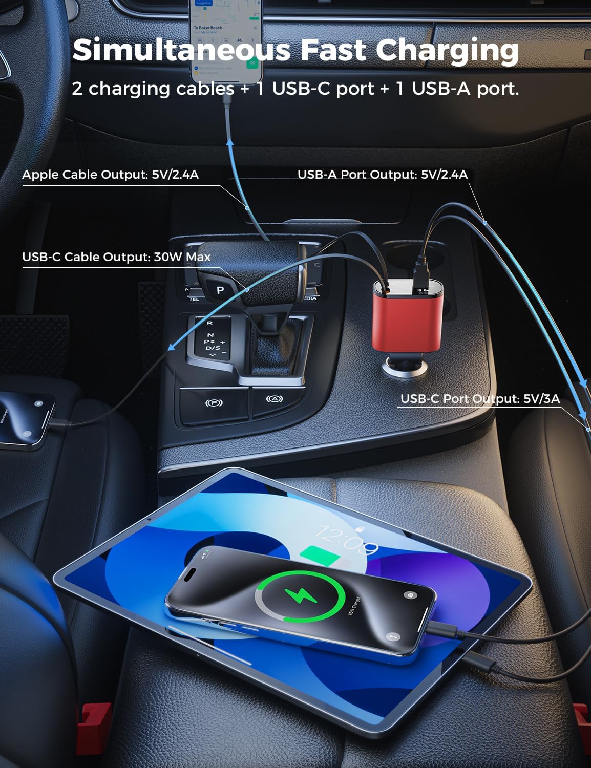 Detalle de SUPERONE PT-16 Retractable Car Charger, 4-in-1 with Dual Cables and Voltage Display