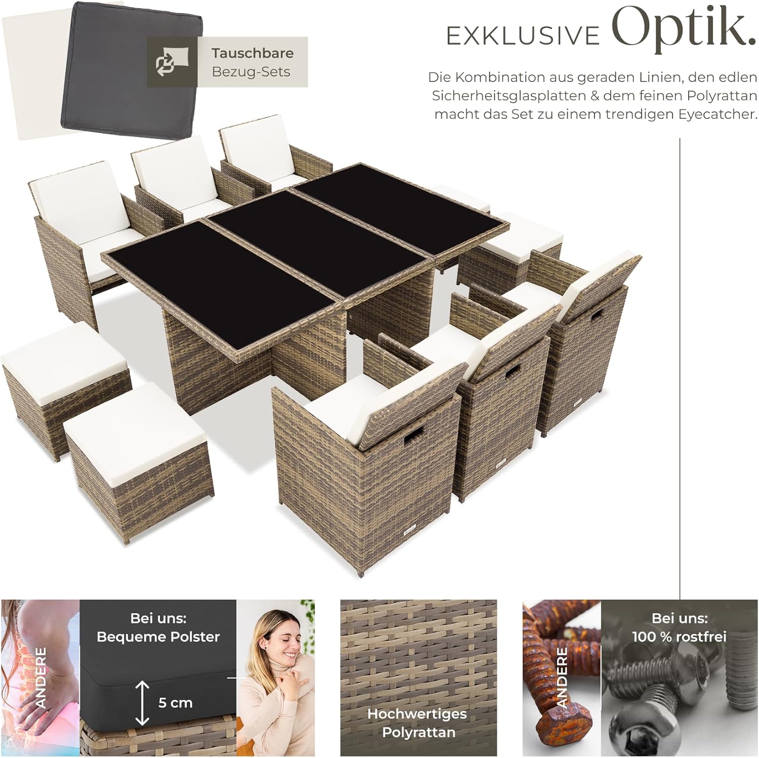 Detalle de tectake® Polyrattan Gartenmöbel Set: Lounge-Set mit 6 Stühlen, Glas-Tischplatte und 4 Hockern – klappbar, Aluminium-Gestell, inkl. 2 Bezugssets (Natur)