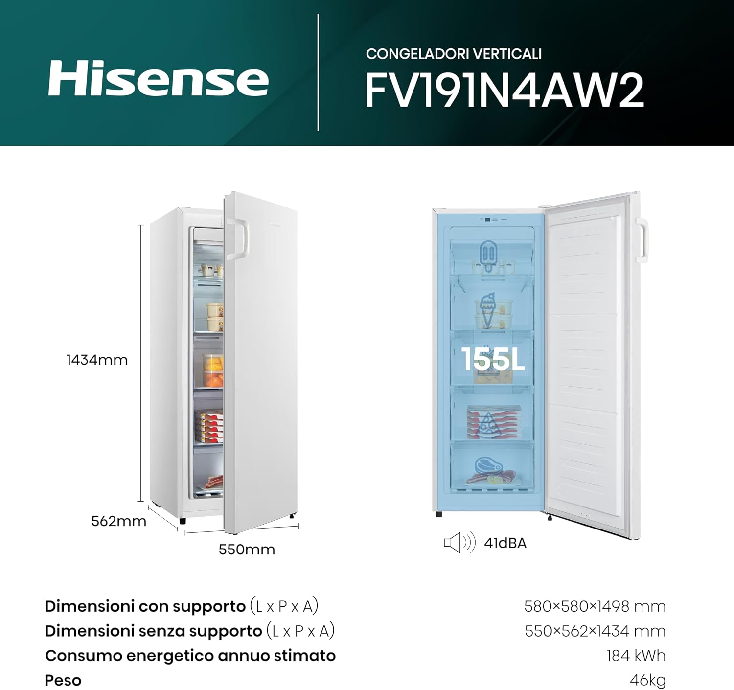 Detalle 2 de Congelatore Verticale Hisense FV191N4AW2 da 155 L: affidabile, TotalNoFrost e Multiflow 360°