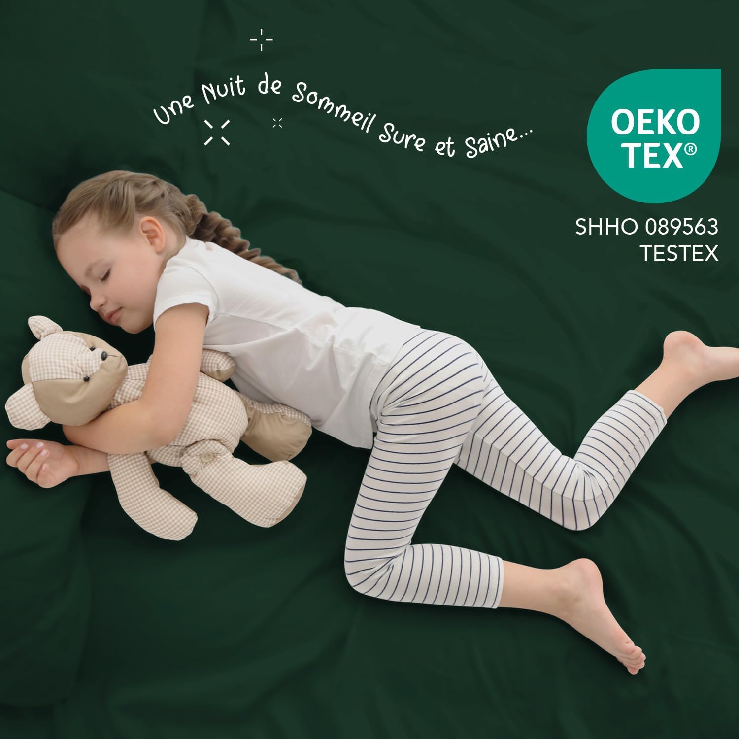 Detalle de Dreamzie Parure de lit 160x200 cm en microfibre (4 pièces) vert – drap housse, drap plat et taies 50x80, certifié Oeko-Tex