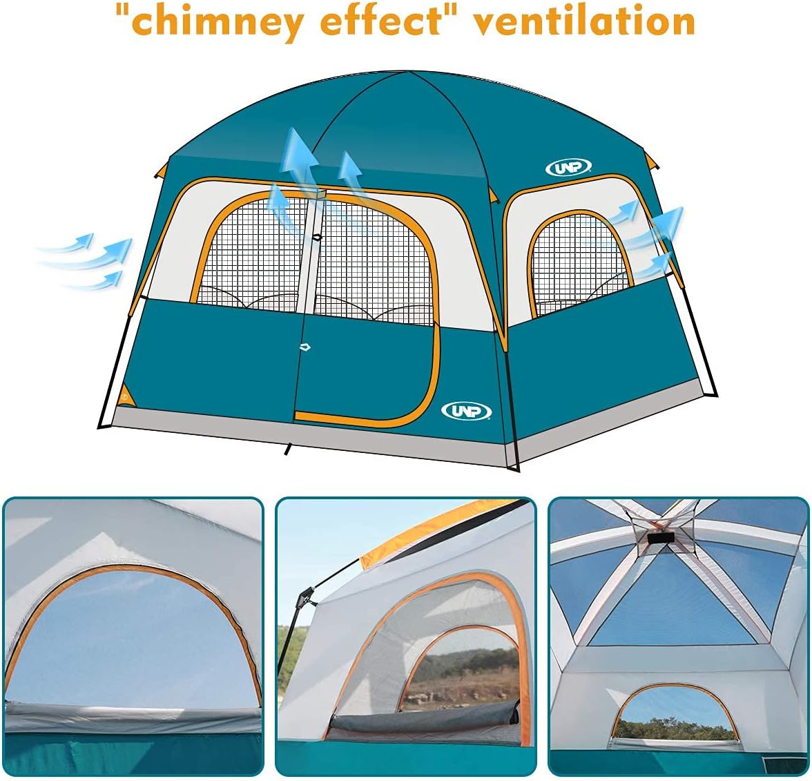 Detalle de UNP 6 Person Family Camping Tent with Rainfly — Easy Setup, 90 sq ft