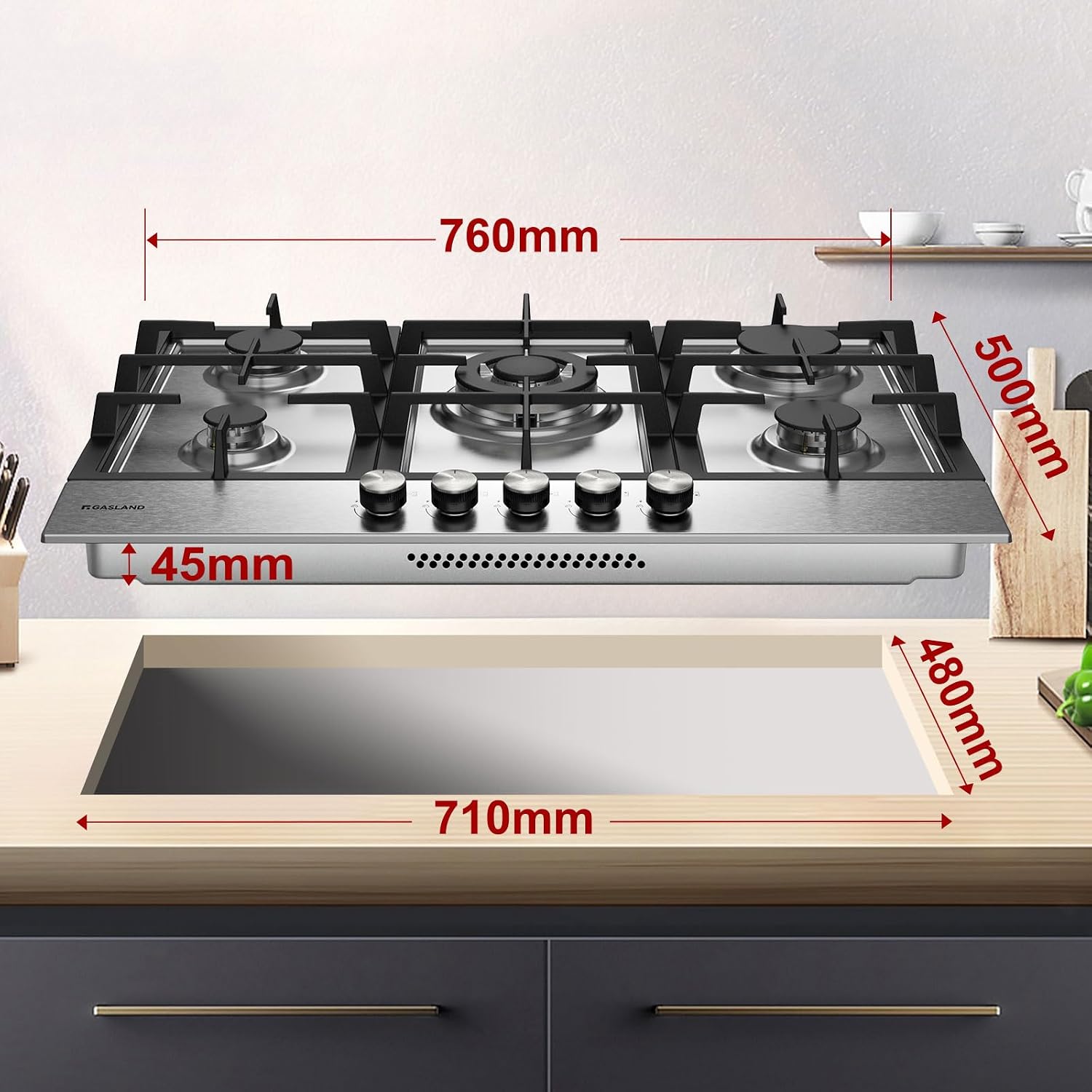 Detalle de GASLAND GH2705SS1FC 76 cm Einbau-Gaskochfeld aus Edelstahl mit 5 Brennern (Wok-Brenner, 10.400 Watt)