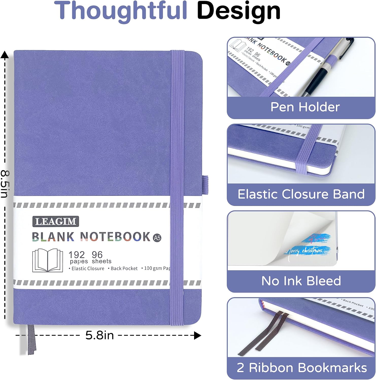 Detalle de LEAGIM A5 Blank Journal Notebook, 192 Pages, 100 GSM Paper, Purple