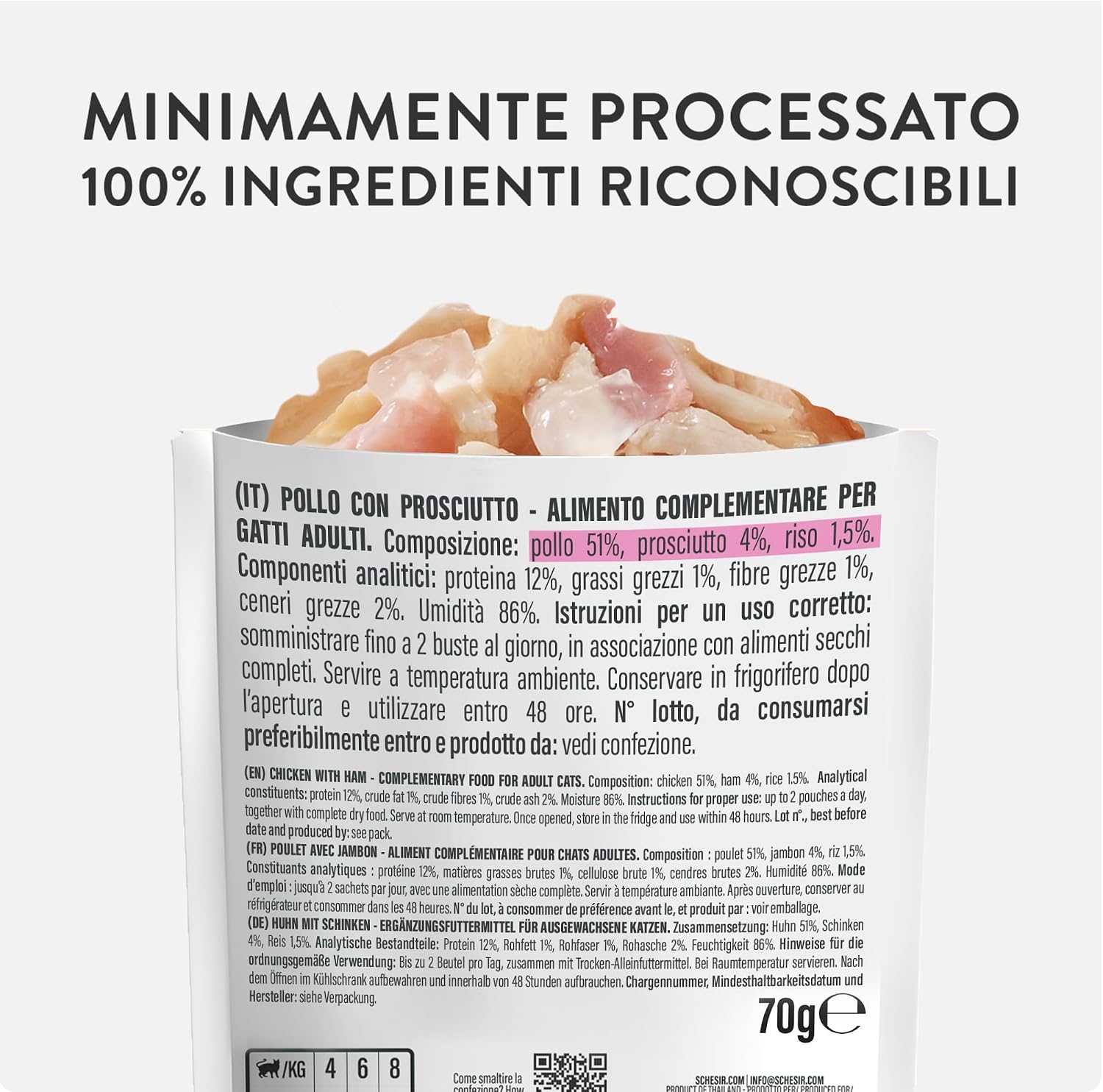 Thumbnail 3 de Schesir Pollo con Prosciutto 12x70g: filetti di pollo in gelatina per gatti da supplemento appetitoso