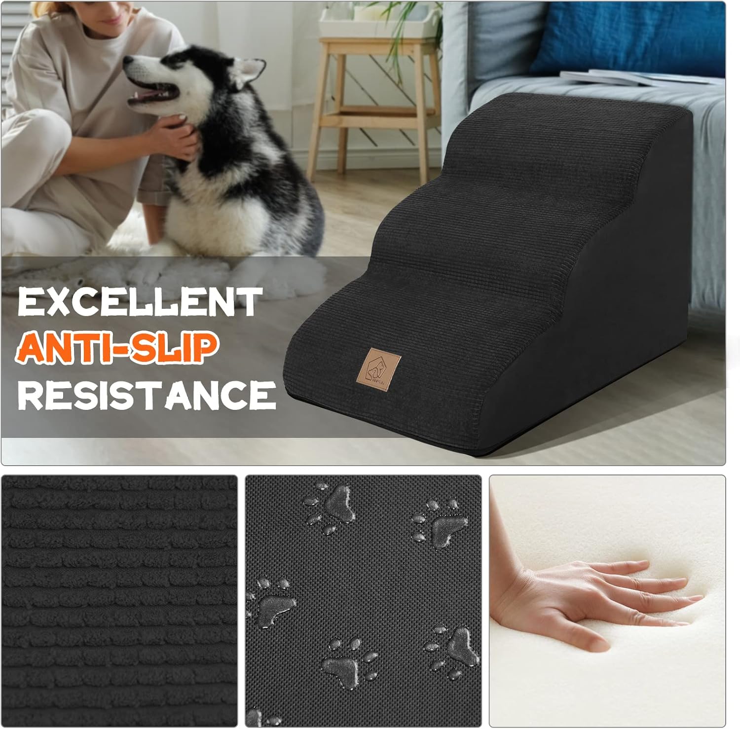 Thumbnail 1 de 3-Step Dog Stairs for Sofa and Bed – Non-Slip Foam Ramp for Small Pets