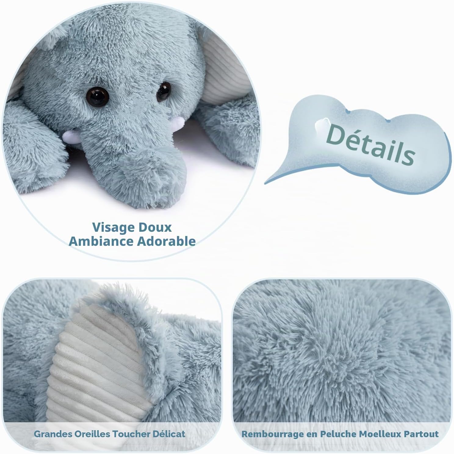 Detalle de BEJOY Doudous Éléphant XXL 90 cm – peluche douce et polyvalente pour bébé