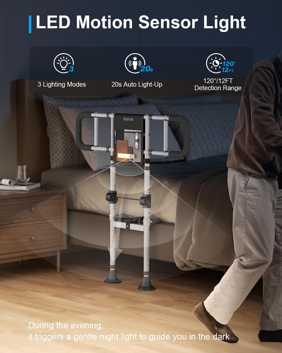 Detalle de Aptvis BE-BR021 Foldable Bed Rail for Seniors with Adjustable Height and Motion Light
