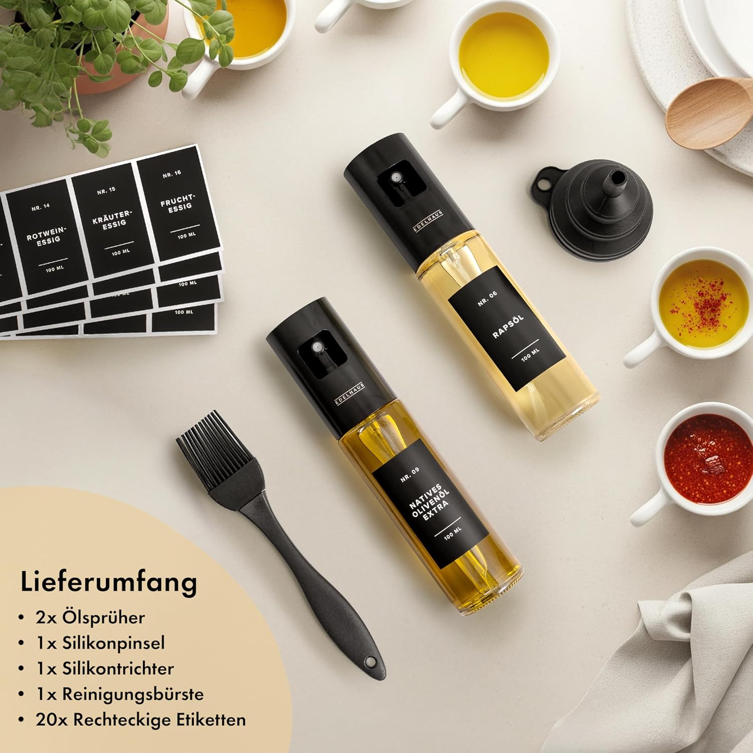 Thumbnail 4 de EDELHAUS Ölsprüher 2er Set aus Edelstahl & Glas – feiner Ölzerstäuber mit Etiketten, Trichter & Silikonpinsel