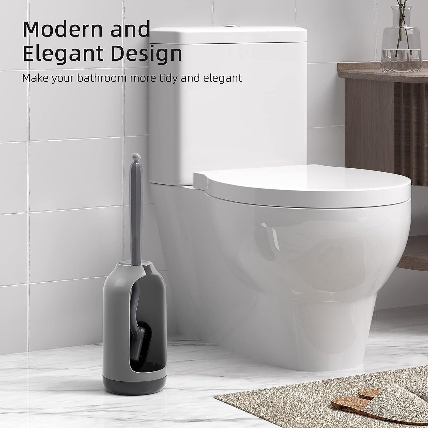 Detalle de Ensemble brosse de toilette avec support mural – Brosse WC grise pour salle de bain et WC d’invités