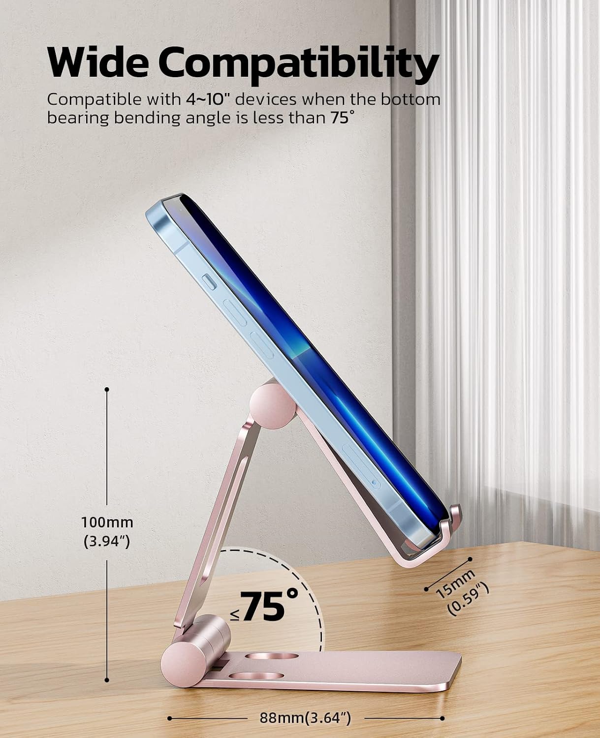 Detalle de Nulaxy Adjustable Phone Stand for Desk (Rose Gold) – Foldable aluminium holder for 4–8 inch phones and e-readers