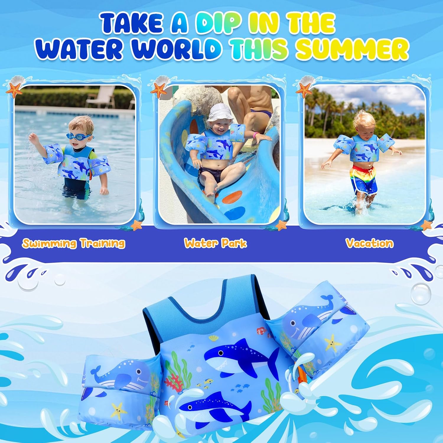 Detalle de MoKo Toddler Swim Vest for Kids (13-30/20-50/22-66 lbs) – Non-Inflatable Nylon & EPE Foam, Safe Buckle, Whistle, and Colorful Arm Floaties