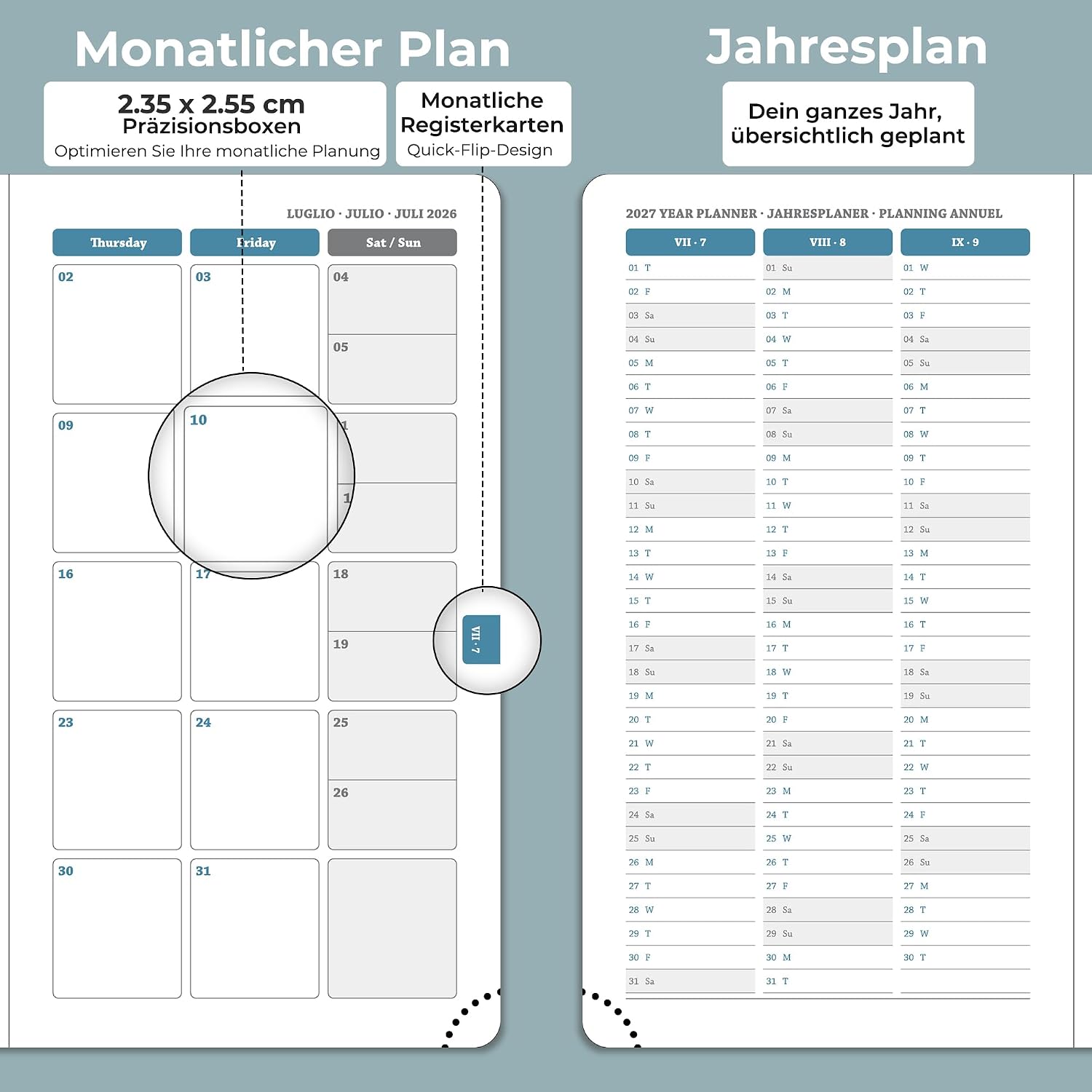 Detalle de IN-LUXPRO Kalender 2026/2027 – Wochenplaner A6, 18 Monate, vegan-leder, Querformat, Staubblau