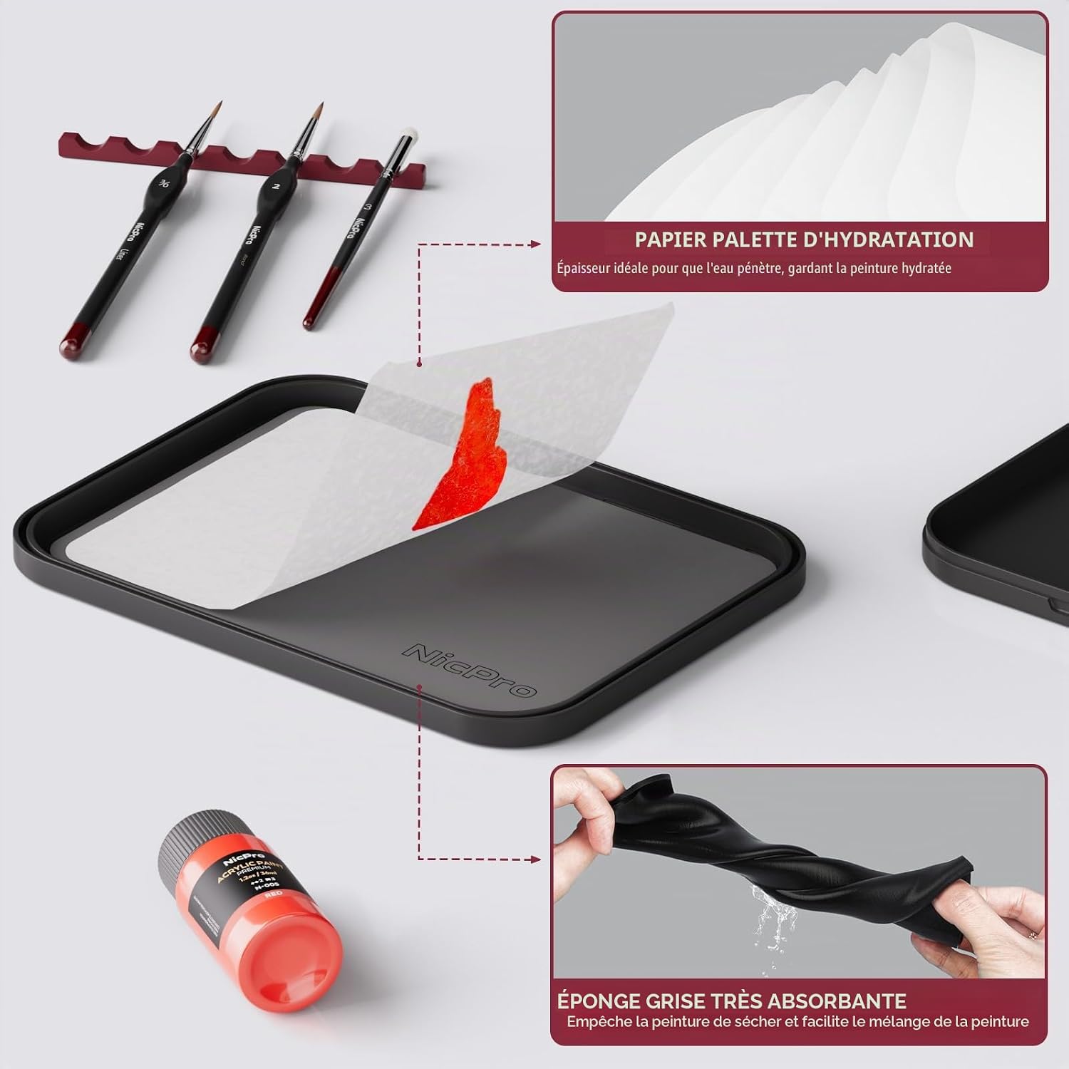 Detalle de Nicpro Kit de Peinture Miniature Professionnel — Palette Humide 2 en 1 et 16 pinceaux