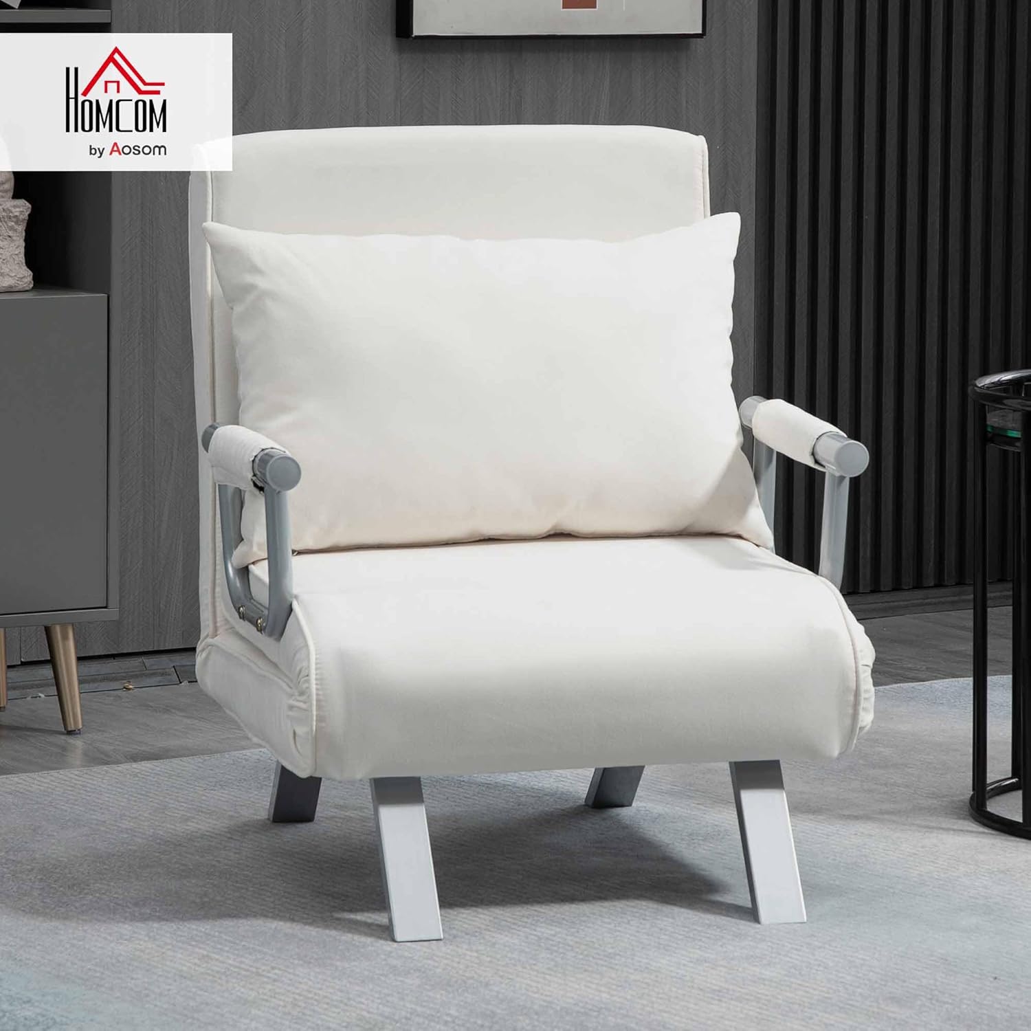 Thumbnail 1 de HOMCOM Fauteuil chauffeuse canapé-lit 1 place – Grand Confort, coussin et accoudoirs métal, revêtement suède blanc