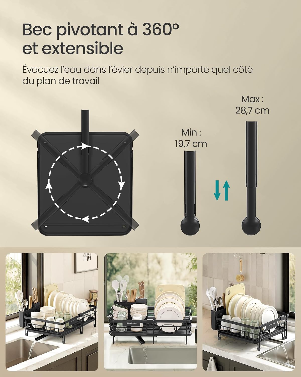 Detalle de SONGMICS Égouttoir à Vaisselle Extensible pour Petit Espace – Grande Capacité, Bec Rotatif 360°