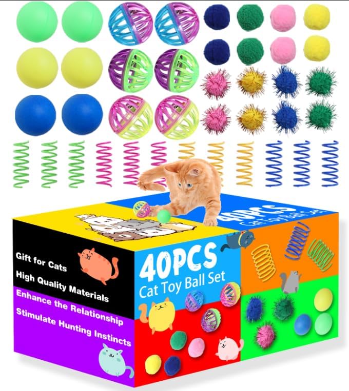 Detalle de Flashine A12 Cat Toy Set, 40 Pieces with Springs, Jingle Balls and Pom-Poms