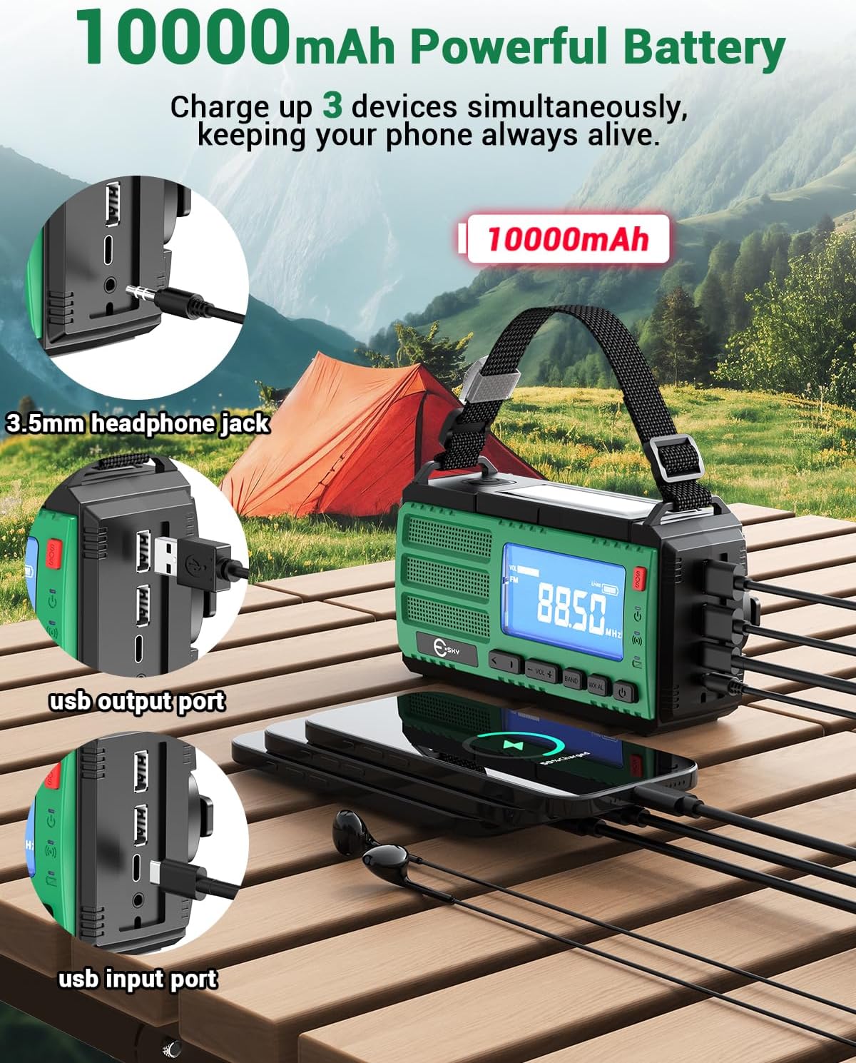 Detalle 2 de Esky 10000 mAh Radio Manovella: radio d'emergenza portatile con energia solare, torcia e bussola