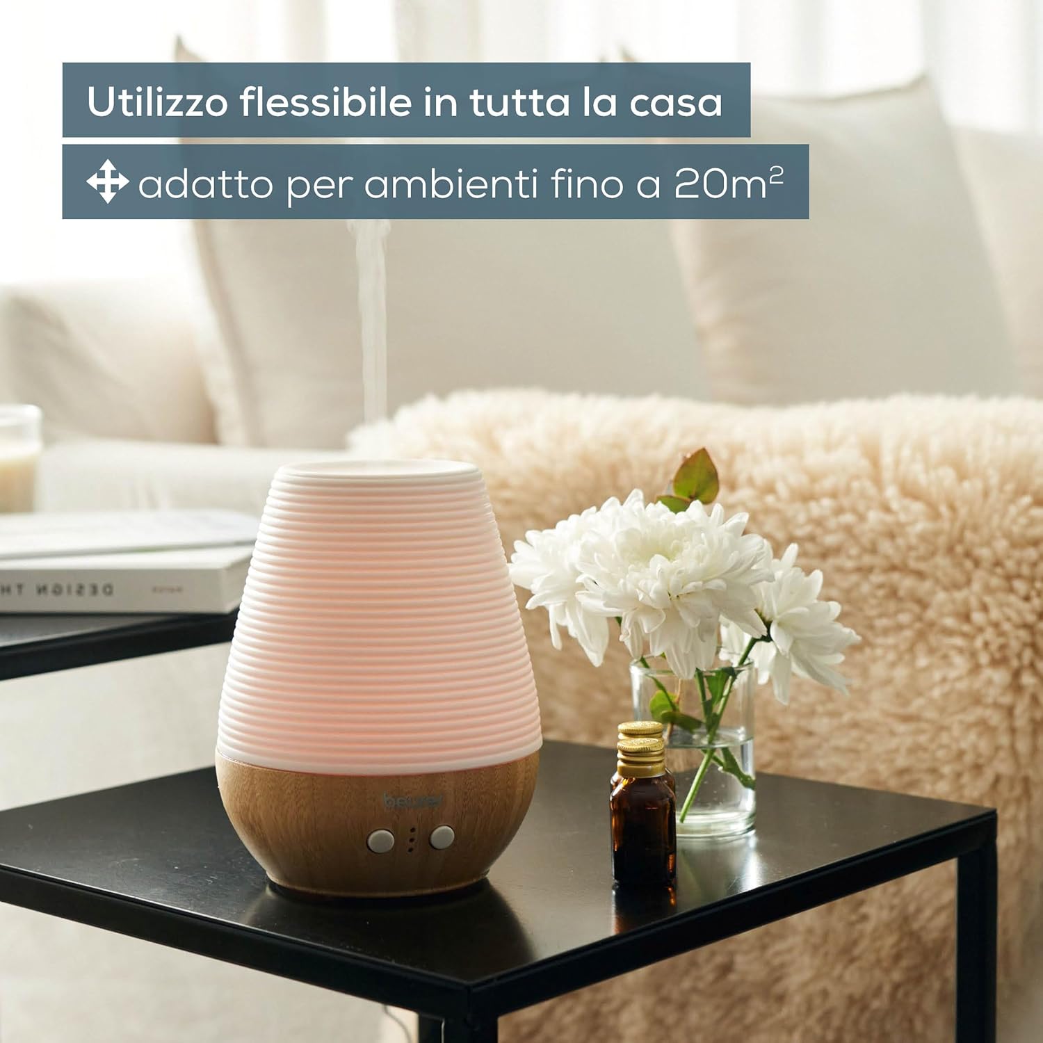 Detalle de Beurer LA 40: diffusore aromatico ultrasuoni con LED colorato in bambù e porcellana