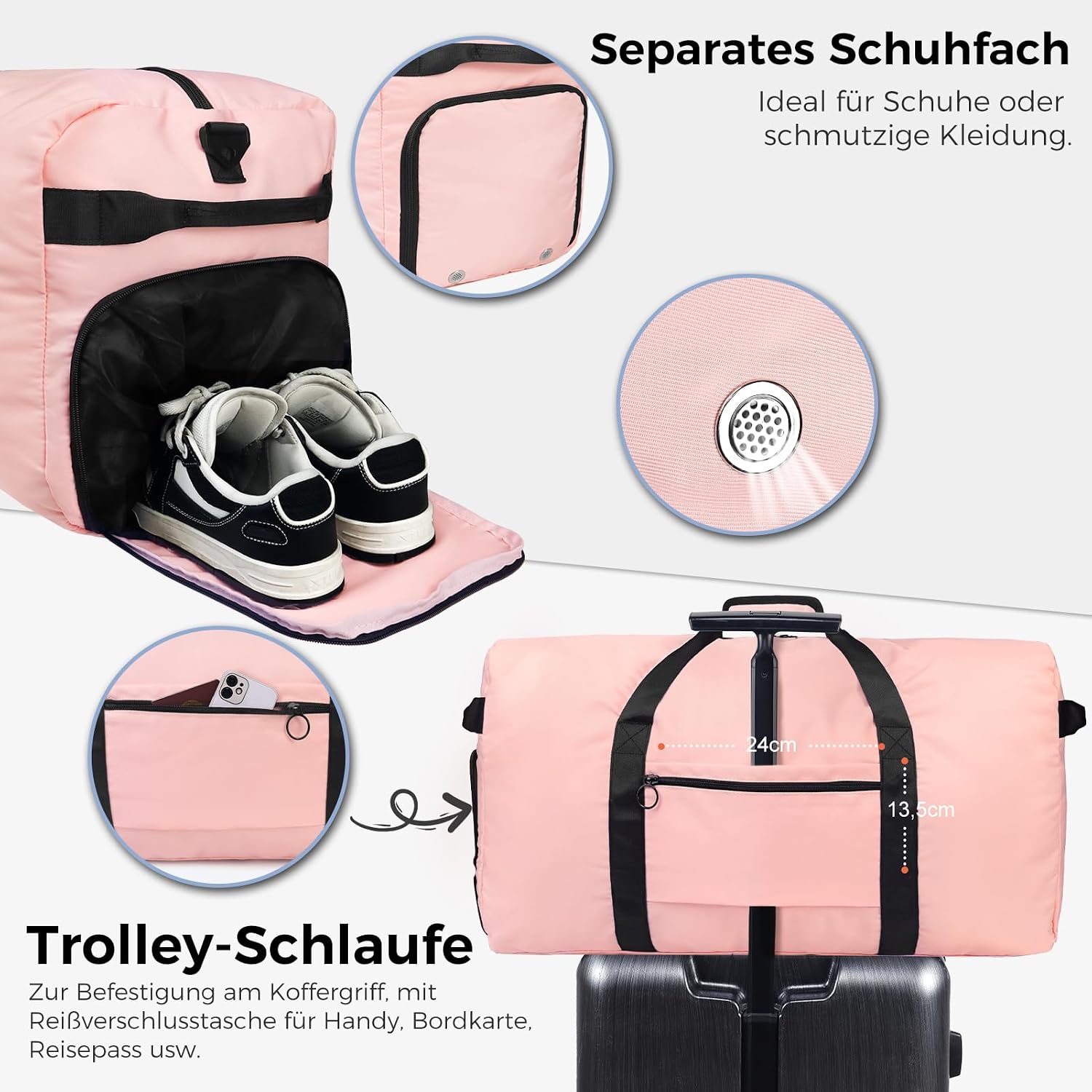Detalle de Fmeida Saunatasche Damen große Reisetasche faltbar mit Schuhfach, wasserdicht – Weekender- & Handgepäck-Tasche (hellpink)
