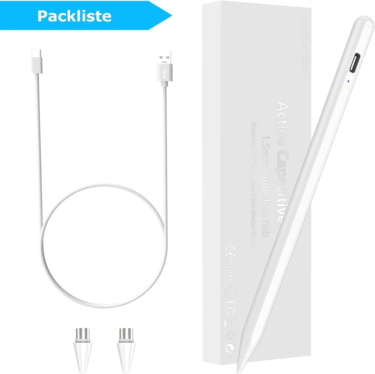 Thumbnail 6 de KARFUN Penna Tablet: Penna capacitiva da 1,5 mm per Android, compatibile con tablet e telefoni, ricarica rapida, bianca