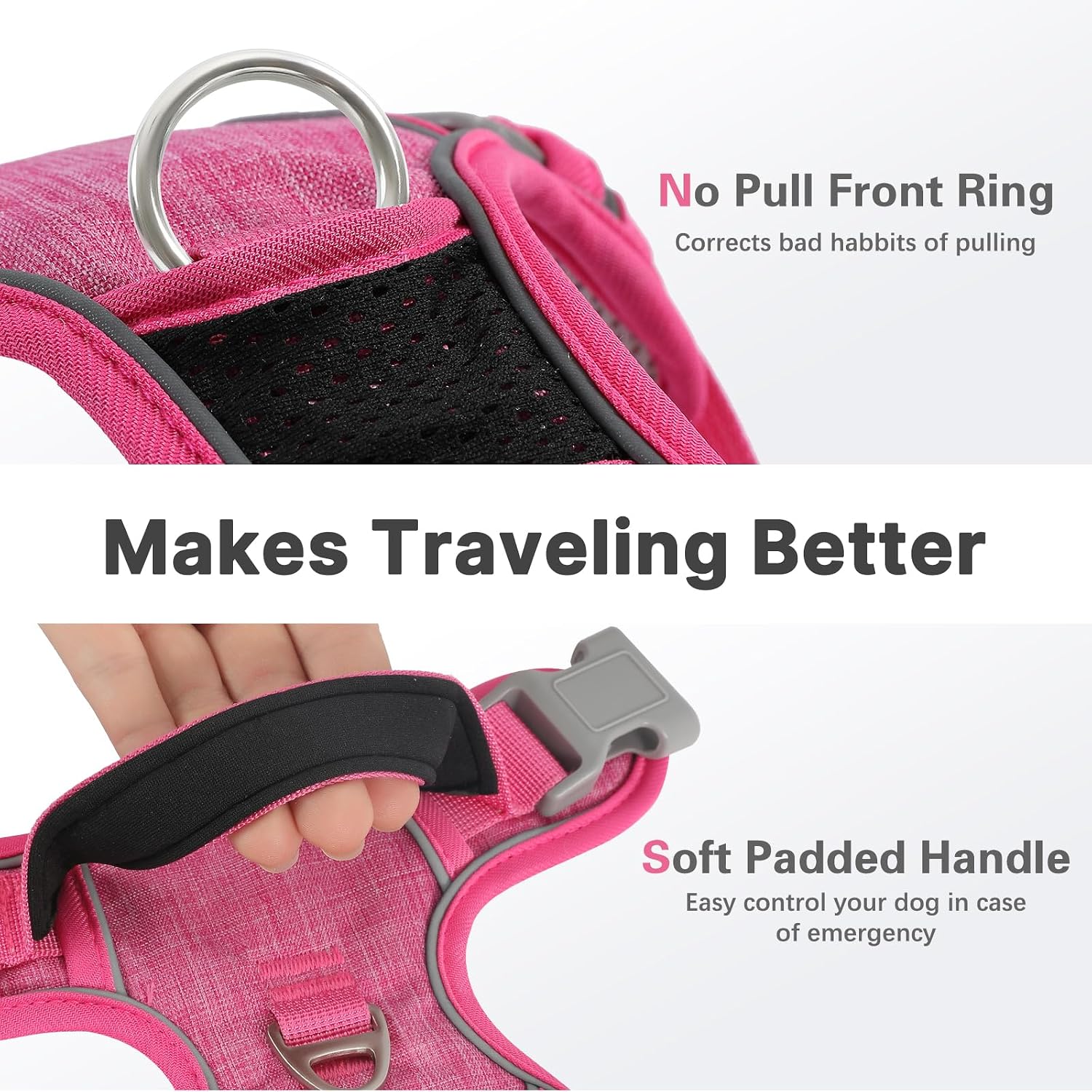 Detalle de Belababy Medium Dog Harness (Anti-Pull) with Soft Padded Handle and Reflective Strips, Rose M