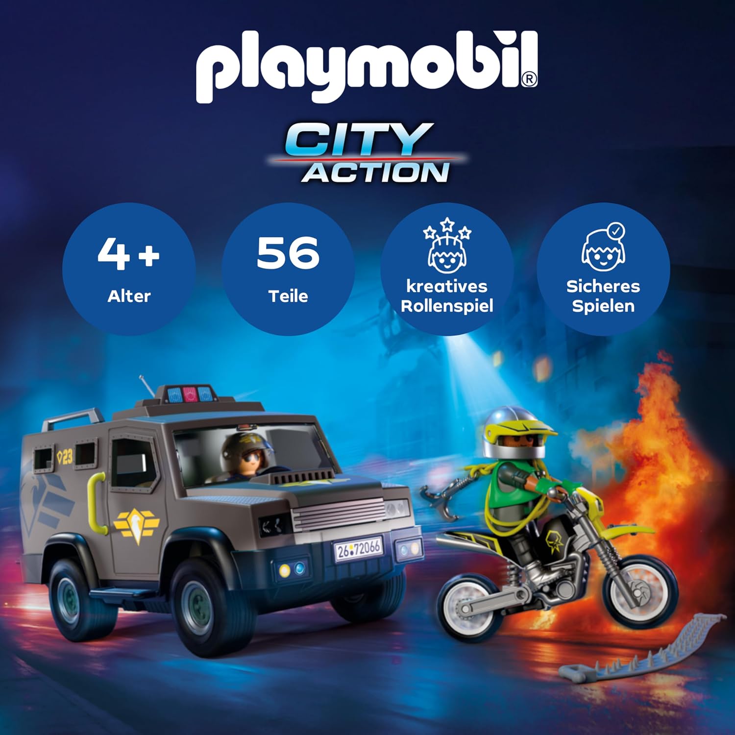 Thumbnail 1 de PLAYMOBIL City Action SWAT-Einsatzfahrzeug – Mit Polizist, Verbrecher-Motorrad und Nagelband (72066)