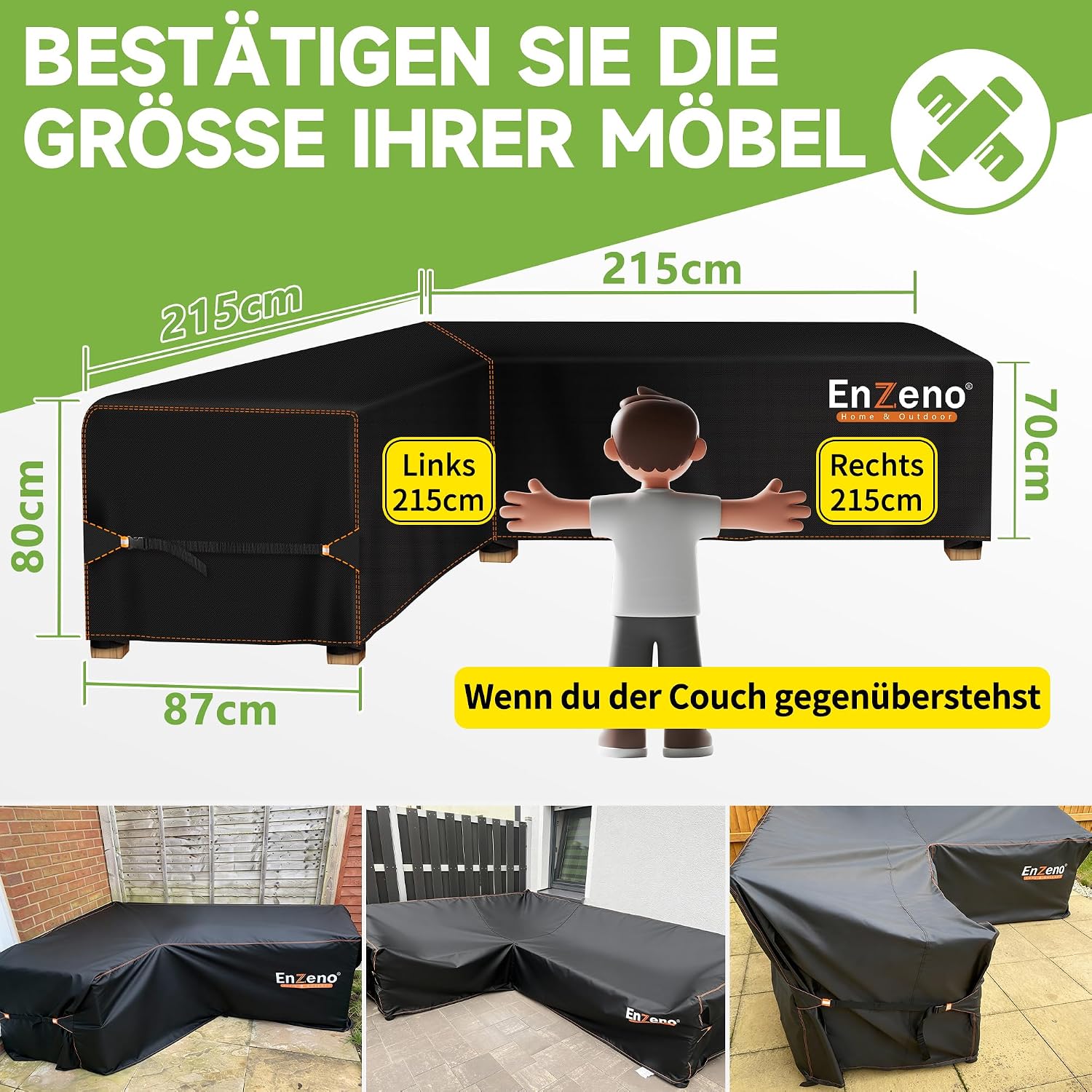 Detalle de Enzeno Abdeckung für Gartenmöbel in L‑Form – wasserdicht, winddicht, 215×215×87 cm