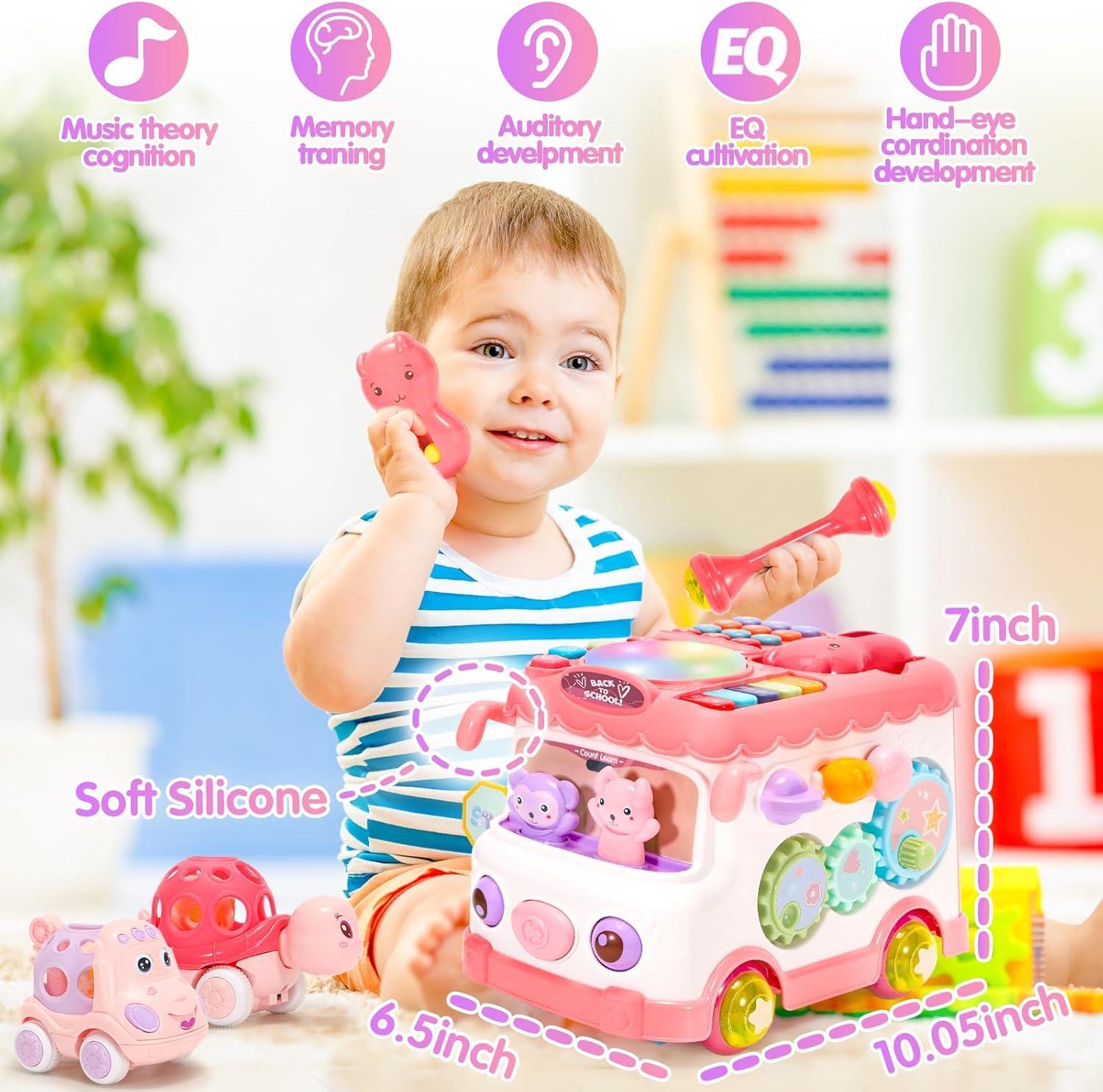 Thumbnail 5 de AmiDear 10-in-1 Montessori Bus Toy for 6-12-18 Months+: Engaging Educational Toy for 1–2 Year Old Girls (Pink)