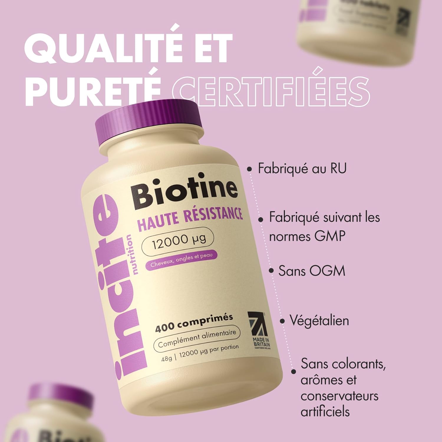 Thumbnail 4 de Incite Nutrition Biotine 12 000 mcg – compléments pour la croissance des cheveux (400 comprimés, 6 mm)