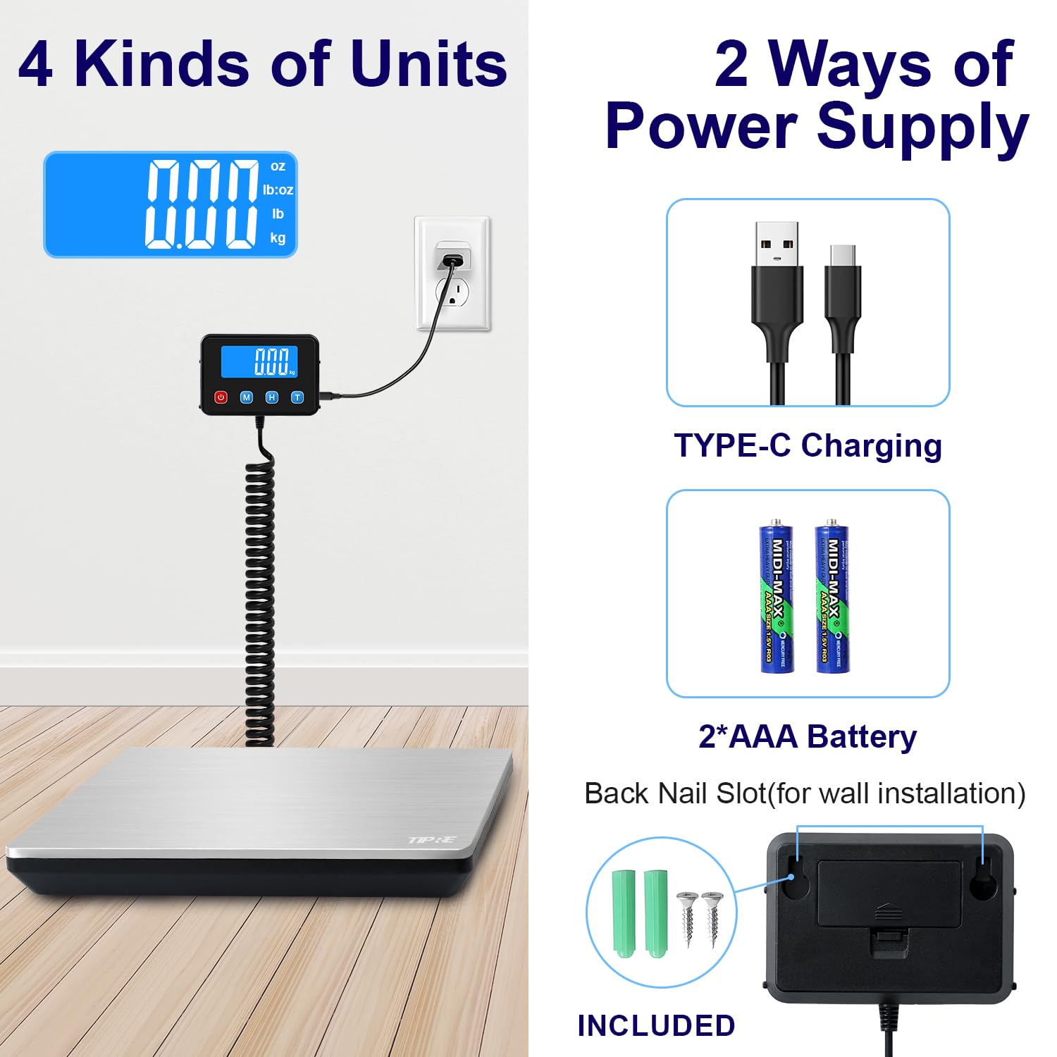 Thumbnail 6 de TIPRE CS02 Shipping Scale, 440 lb Capacity, Backlit LCD and Type-C