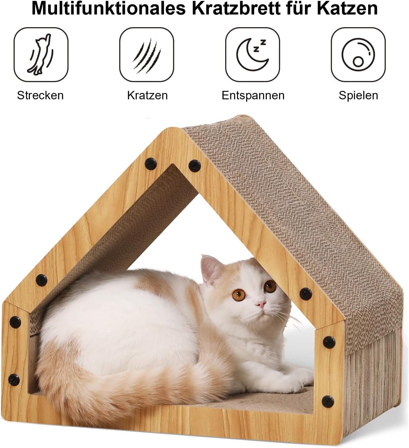 Detalle de FUKUMARU Kratzbrett Katzen (extralang, 42 cm) aus Wellpapier im Katzenhaus-Design