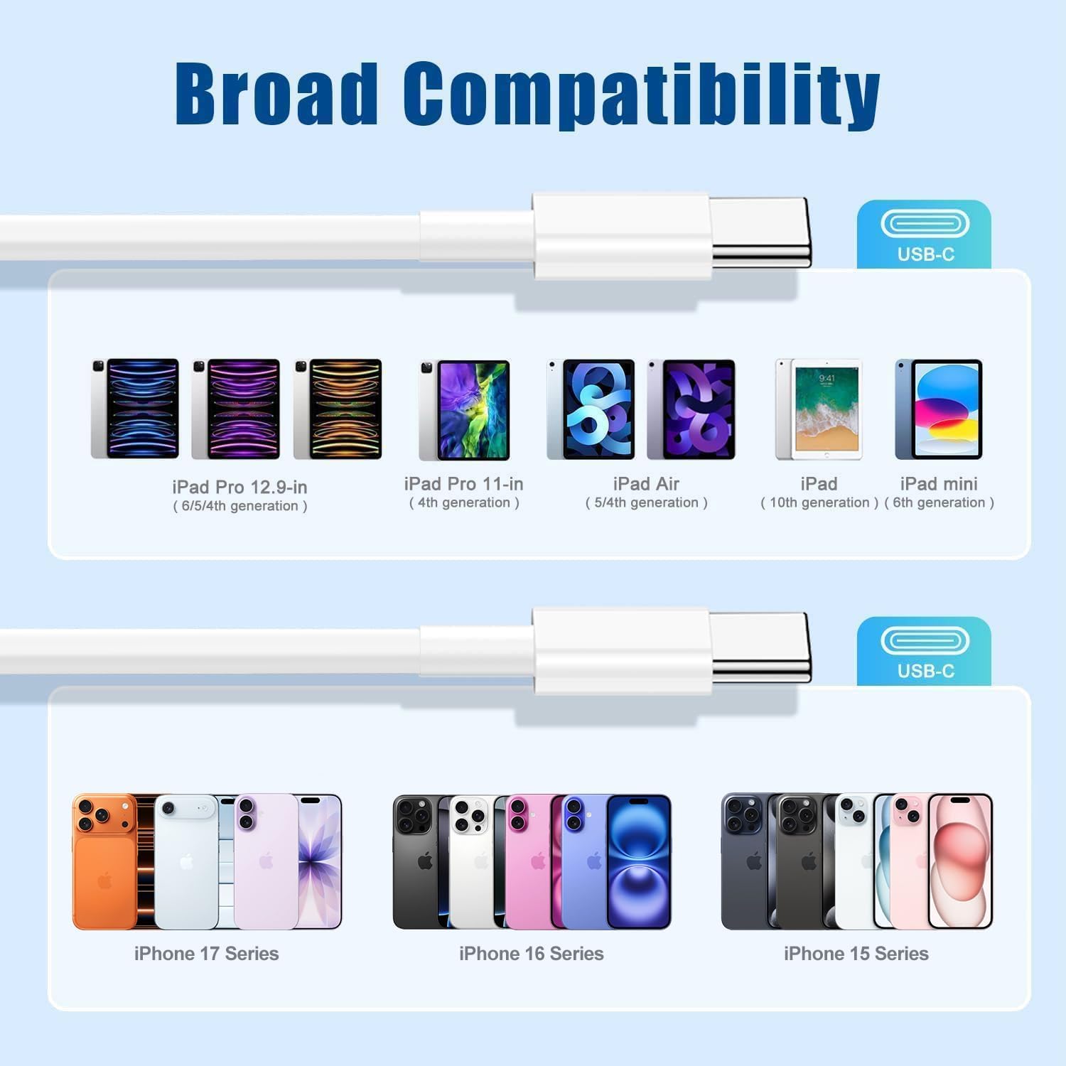 Thumbnail 6 de USB C to C Fast Charger Cable 15ft (2-Pack) – Long Type C to USB-C Power + Data Cable for iPhone, MacBook, iPad, and More