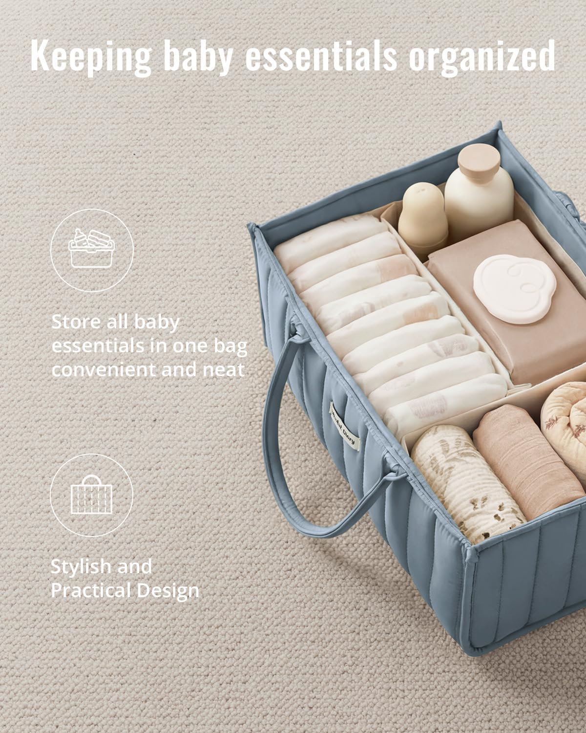 Detalle de Blissful Diary Baby Diaper Caddy, Dusty Blue Polyester Organizer with 3 Compartments