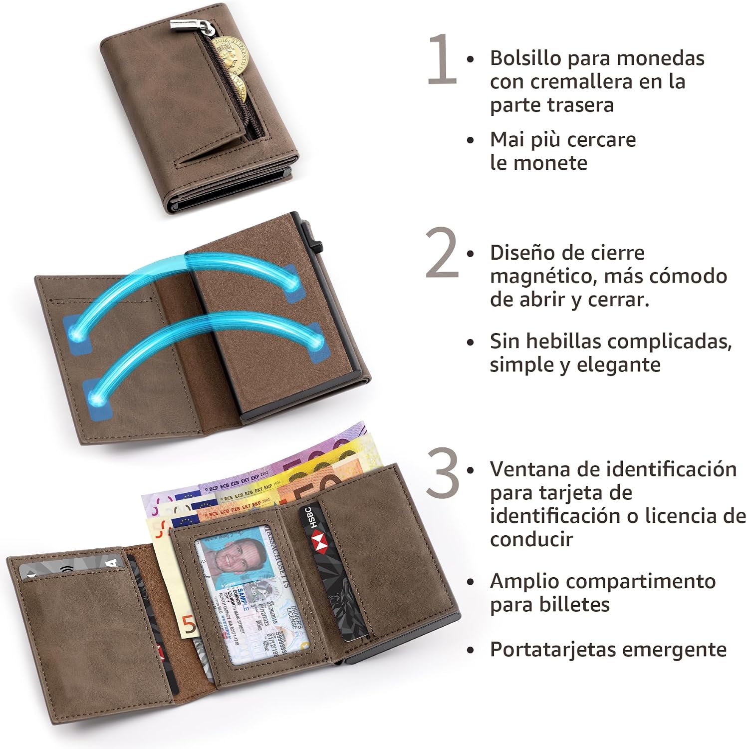 Detalle de Tomylv Cartera Hombre Slim con Bloqueo RFID y Cierre Magnético – Marrón