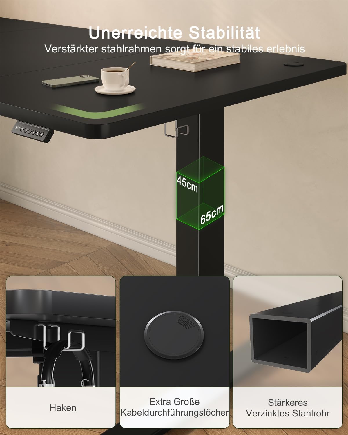 Detalle de JUMMICO elektrisch höhenverstellbarer Schreibtisch mit USB-Ladeanschluss, 140 x 60 cm (schwarz)