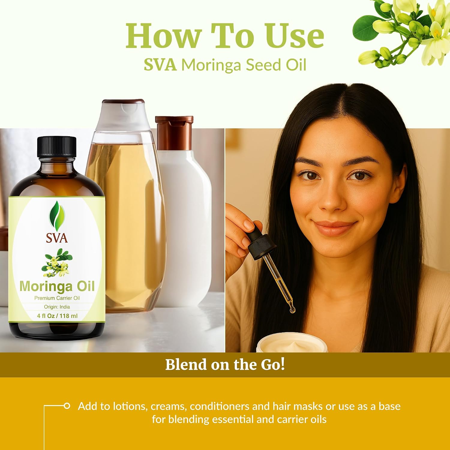 Detalle de SVA Moringa Seed Oil 4 Fl Oz — 100% Natural Cold-Pressed Carrier Oil
