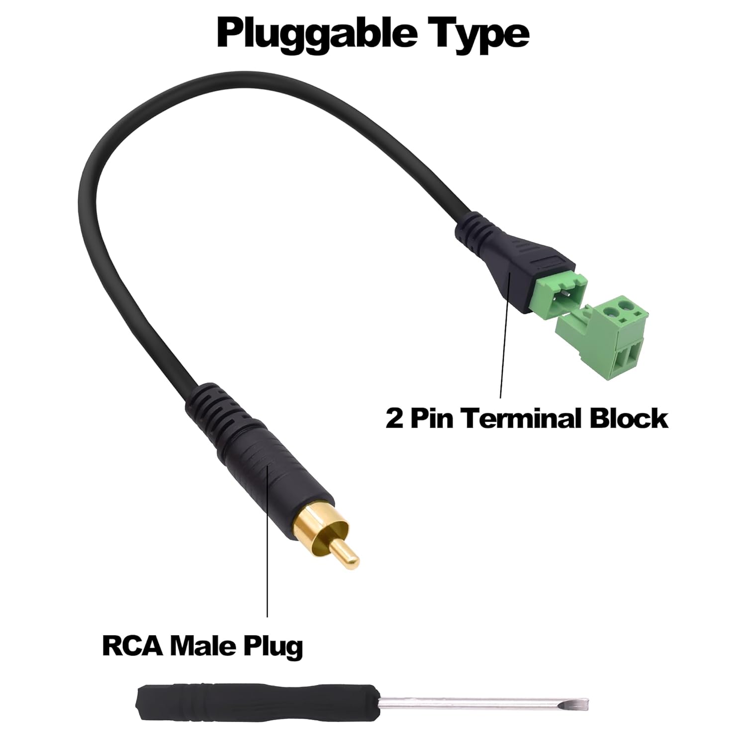 Detalle de YARCHONN RCA Screw Terminal Block Solderless Connector Cable – RCA Male to 2-Pin AV Adapter (30cm, 2 Pack)