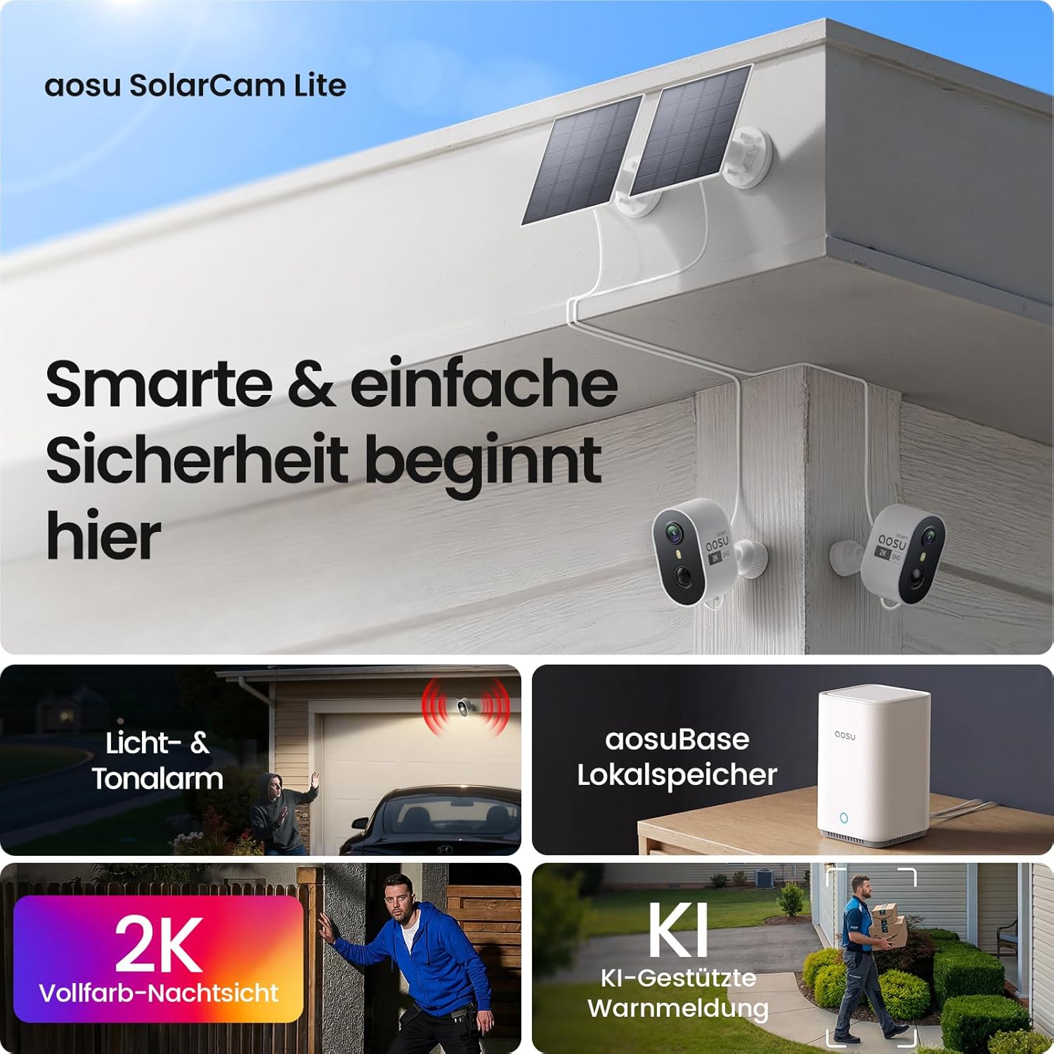 Thumbnail 1 de AOSU 2K Außen-Überwachungskamera 4er-Kit mit Aosubase 2.0 – Solar, 32 GB Speicher, 2‑Wege Audio