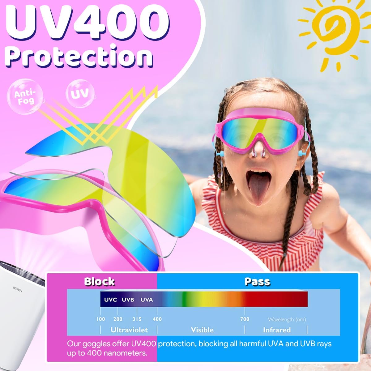 Thumbnail 2 de Vvinca Kids Swimming Goggles (2 Pack) with Earplugs, Nose Clip, Anti-Fog & UV Protection for Ages 3–15