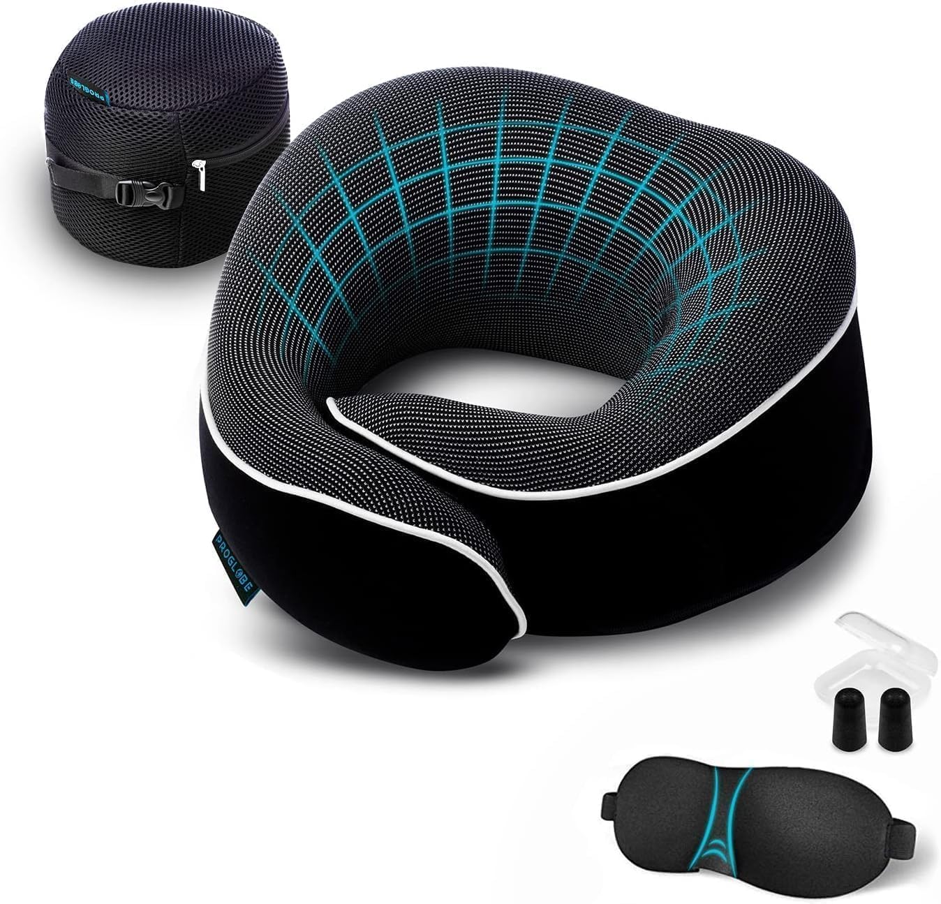 Detalle de Proglobe Travel Pillow Memory Foam Neck Pillow Set with Sleep Mask and Mesh Bag (Black)