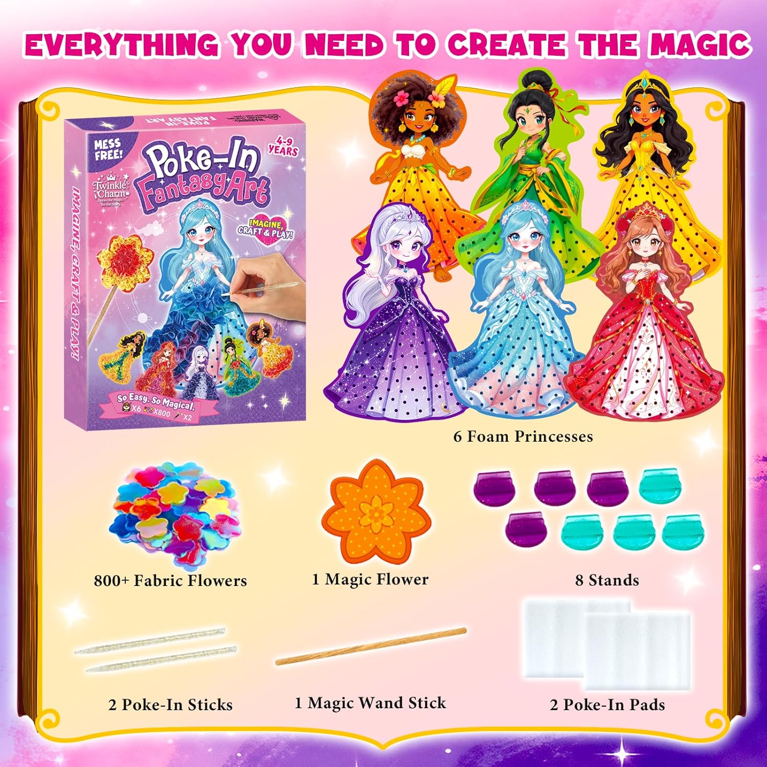 Detalle de TwinkleCharm Princess Flower Craft Kit – 6 Named Princesses with 800+ Fabric Flowers