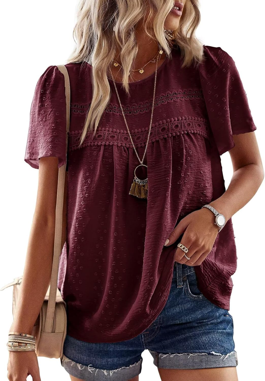 Detalle de TUUHAW Top Damen Sommer Boho Bluse Kurzarm mit Häkelspitze – Rundhals, Fließend, Lässig