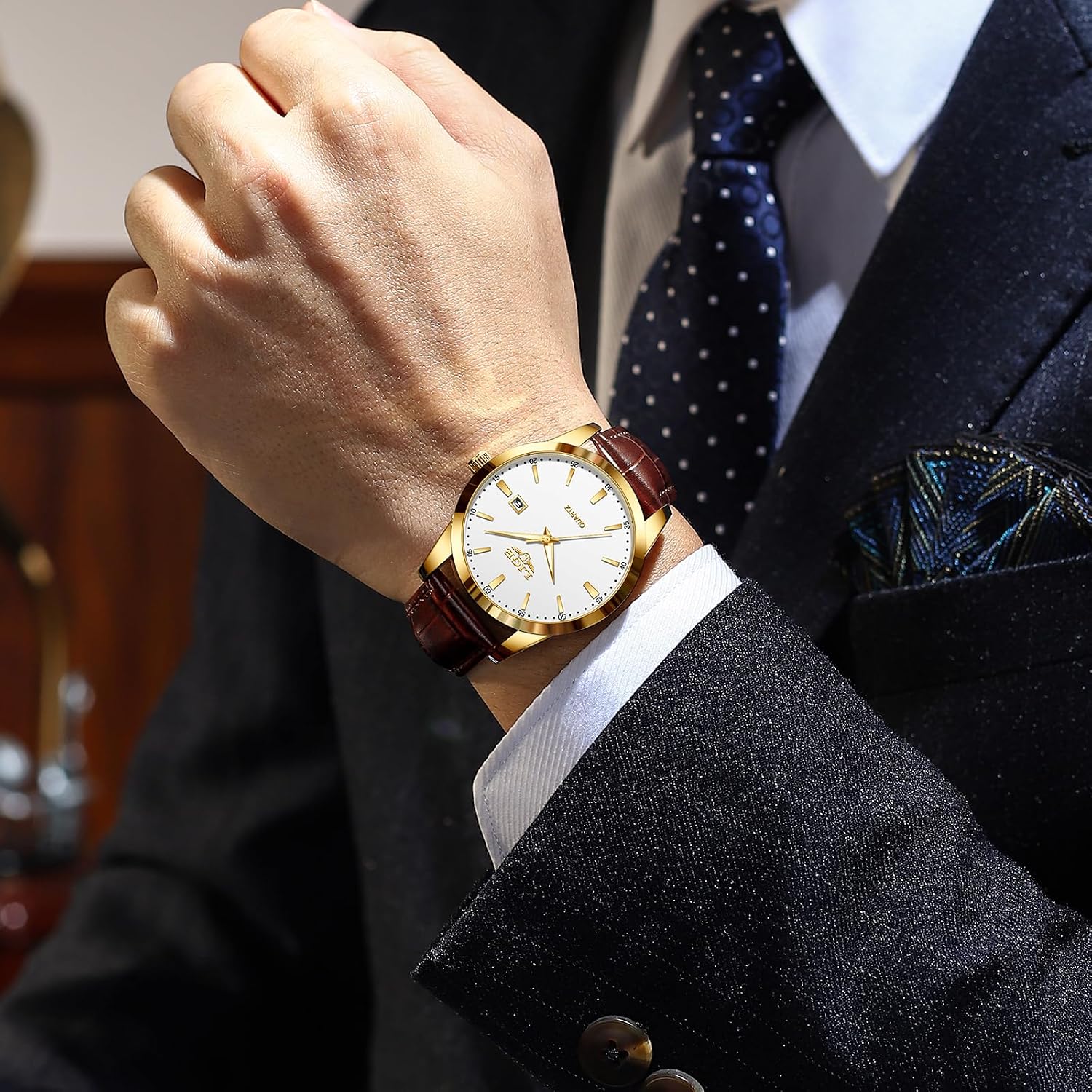 Detalle 2 de LIGE Mens Watches Waterproof Analogue Vintage Quartz with Date, Brown Leather – Gold/White