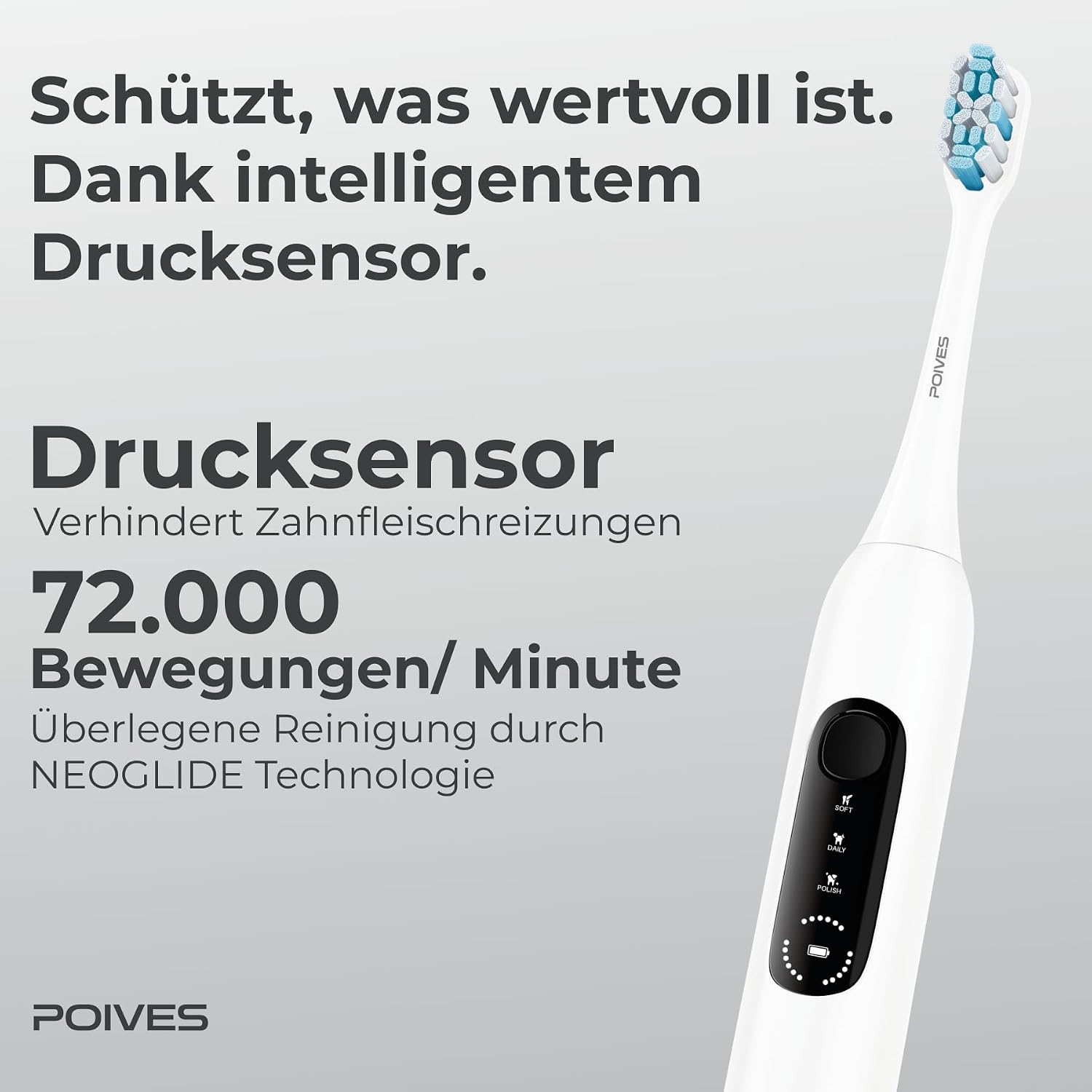 Thumbnail 2 de POIVES P1 Pro Brosse à dents électrique – Sonic, capteur de pression, autonomie 60 jours – Silk White