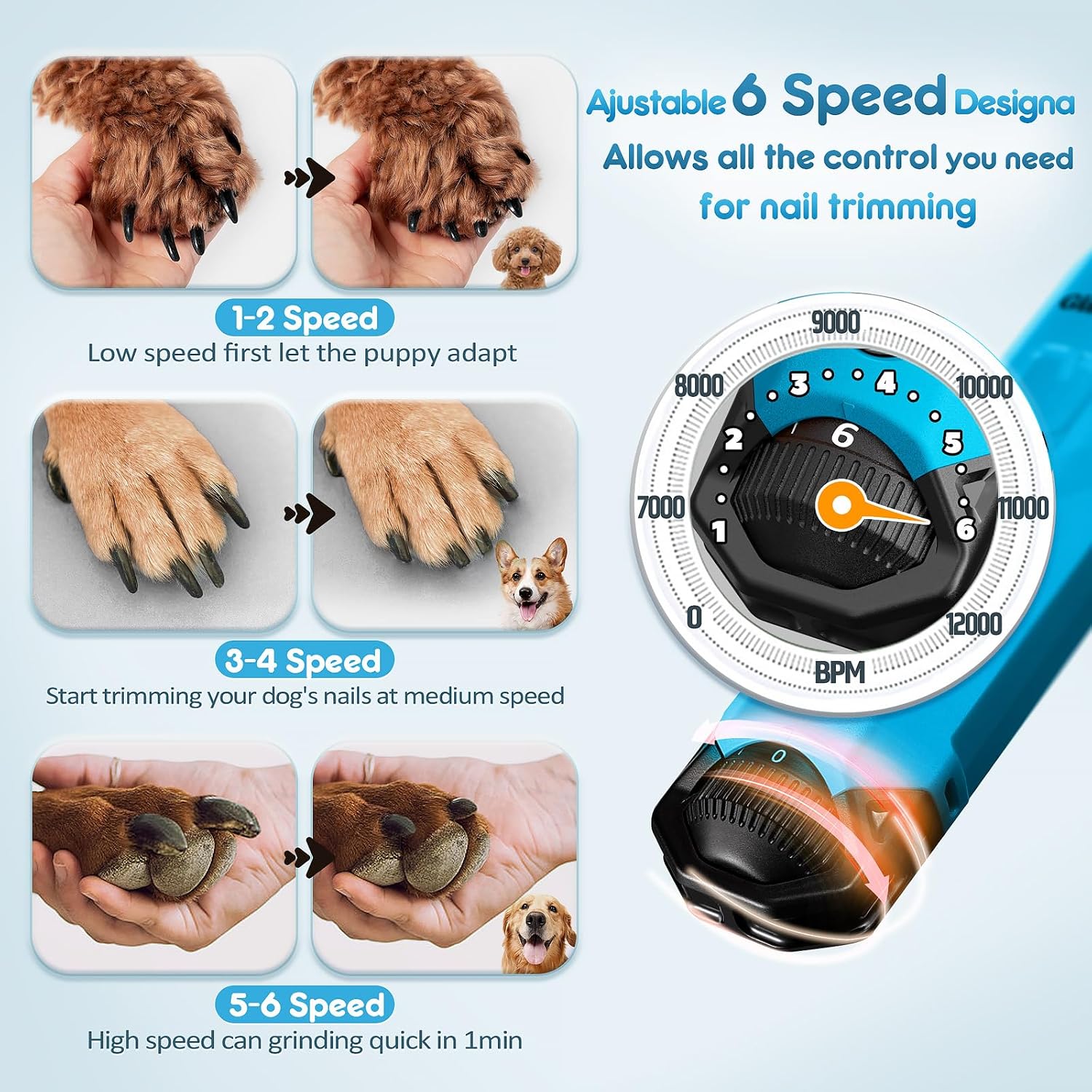 Detalle de Gimars Krallenschleifer für Hunde 6-Gang mit 2 LED-Licht – leise, 12000 RPM, USB-Aufladung