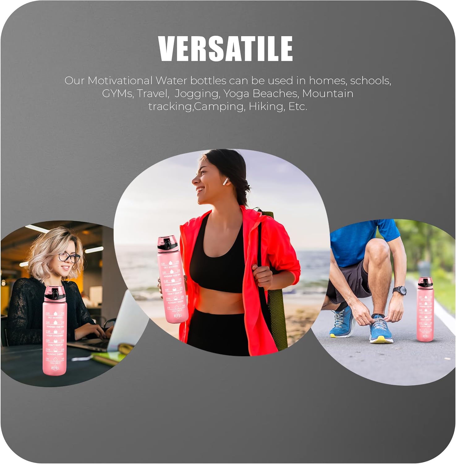 Thumbnail 4 de Roe Tenpo 1L Water Bottle – BPA-Free, Leak-Proof with Time Markings (Pink) for Running, Gym and Outdoors