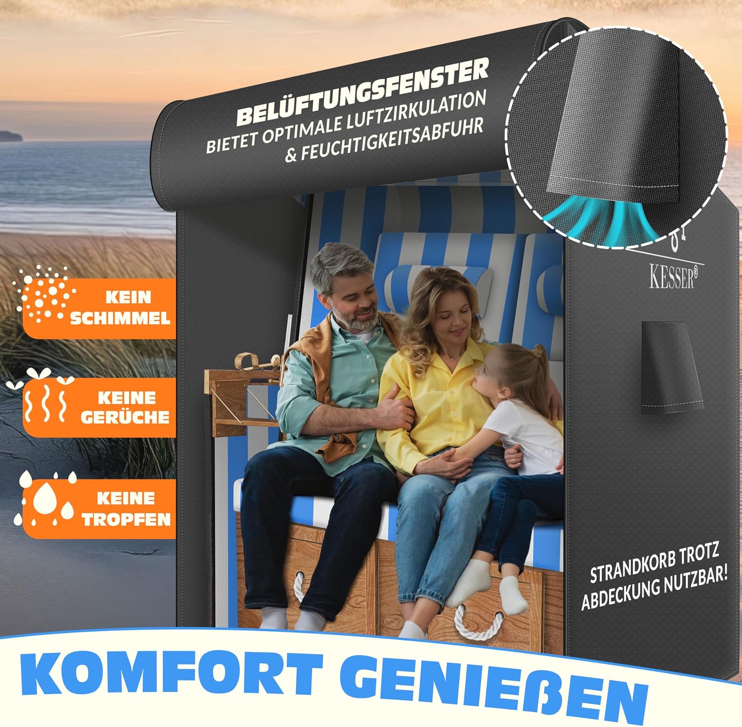 Thumbnail 4 de KESSER Premium Strandkorb Schutzhülle – 120x90x160 cm, UV- & wasserdicht, 600D Oxford-Gewebe, belüftete Abdeckung in Anthrazit
