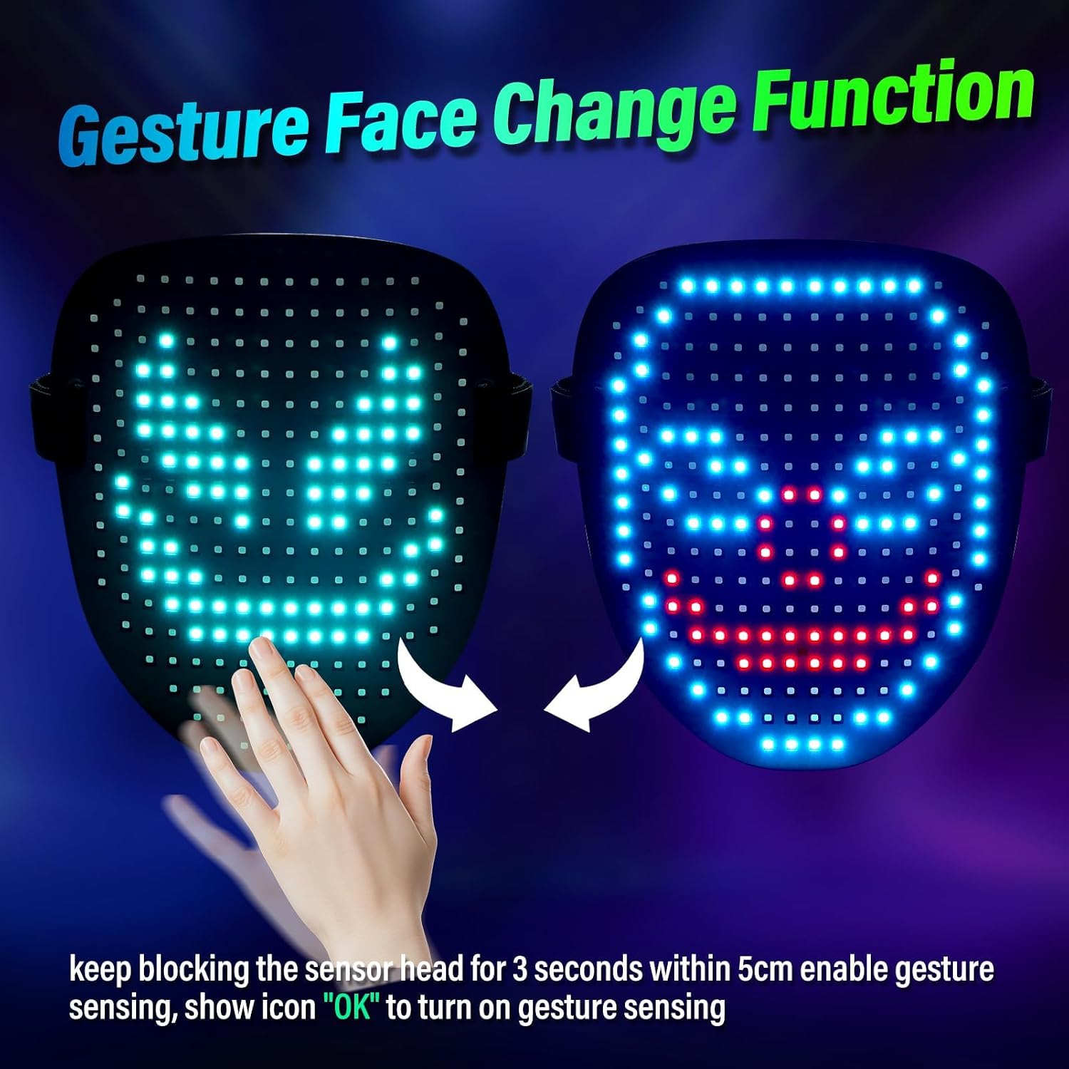 Detalle de arscniek LED Light-Up Mask, Gesture Control, Rechargeable, 50 Patterns